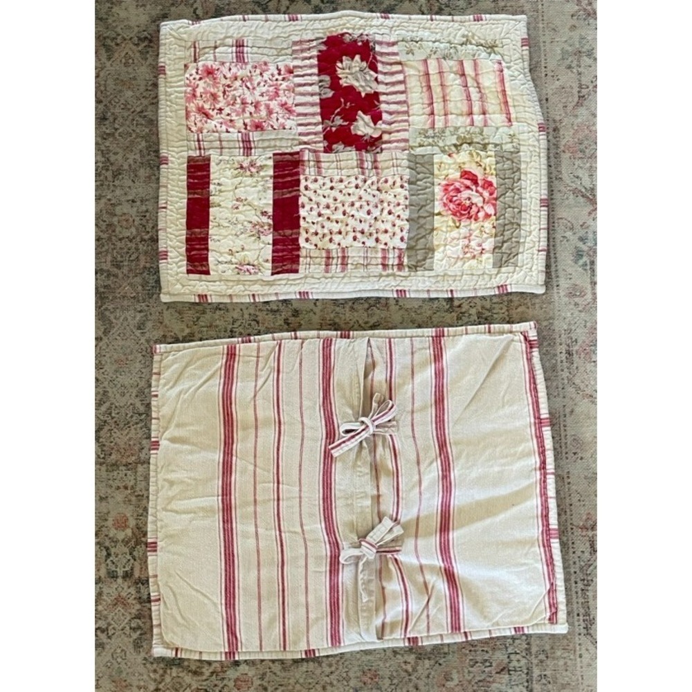 Pottery Barn Quilted Shams Linen Cotton Standard Patchwork‎ Floral Stripe Red